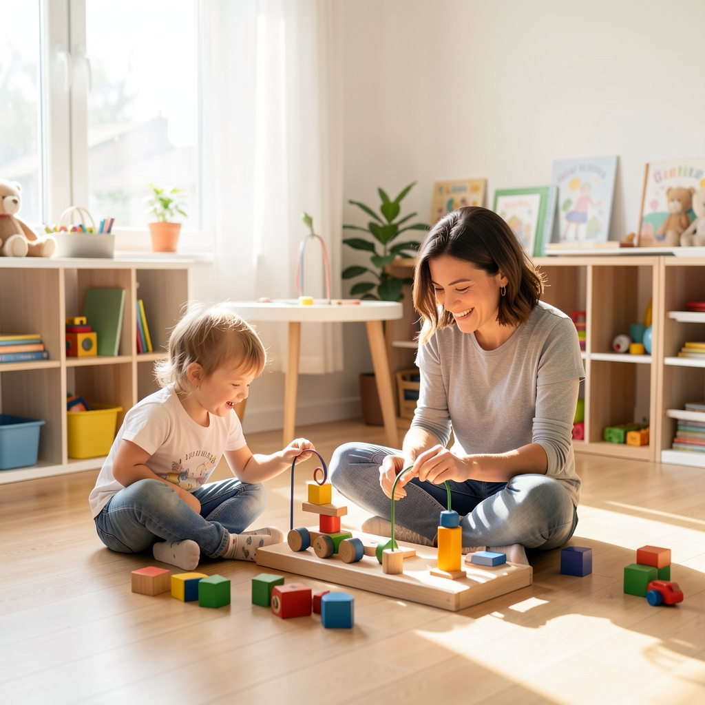 Ebeveyn ve çocuk birlikte Montessori oyuncaklarıyla oynuyor, parlak aydınlık çocuk odası zemini, mutlu aile anı