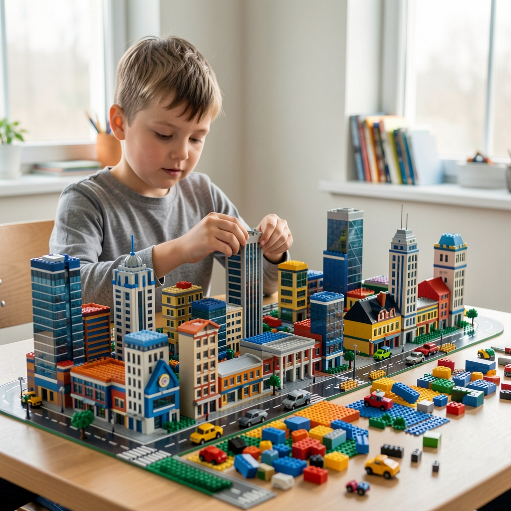 LEGO yapı blokları ile büyük şehir modeli inşa eden genç çocuk, renkli blok parçaları masada