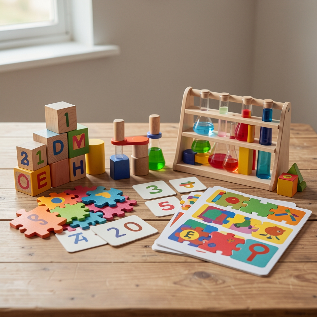 Ahşap masada sıralanmış çeşitli eğitici oyuncaklar: montessori bloklar, renkli puzzle parçaları, sayı ve harf kartları, bilim deney seti ve yaratıcı inşa kitleri