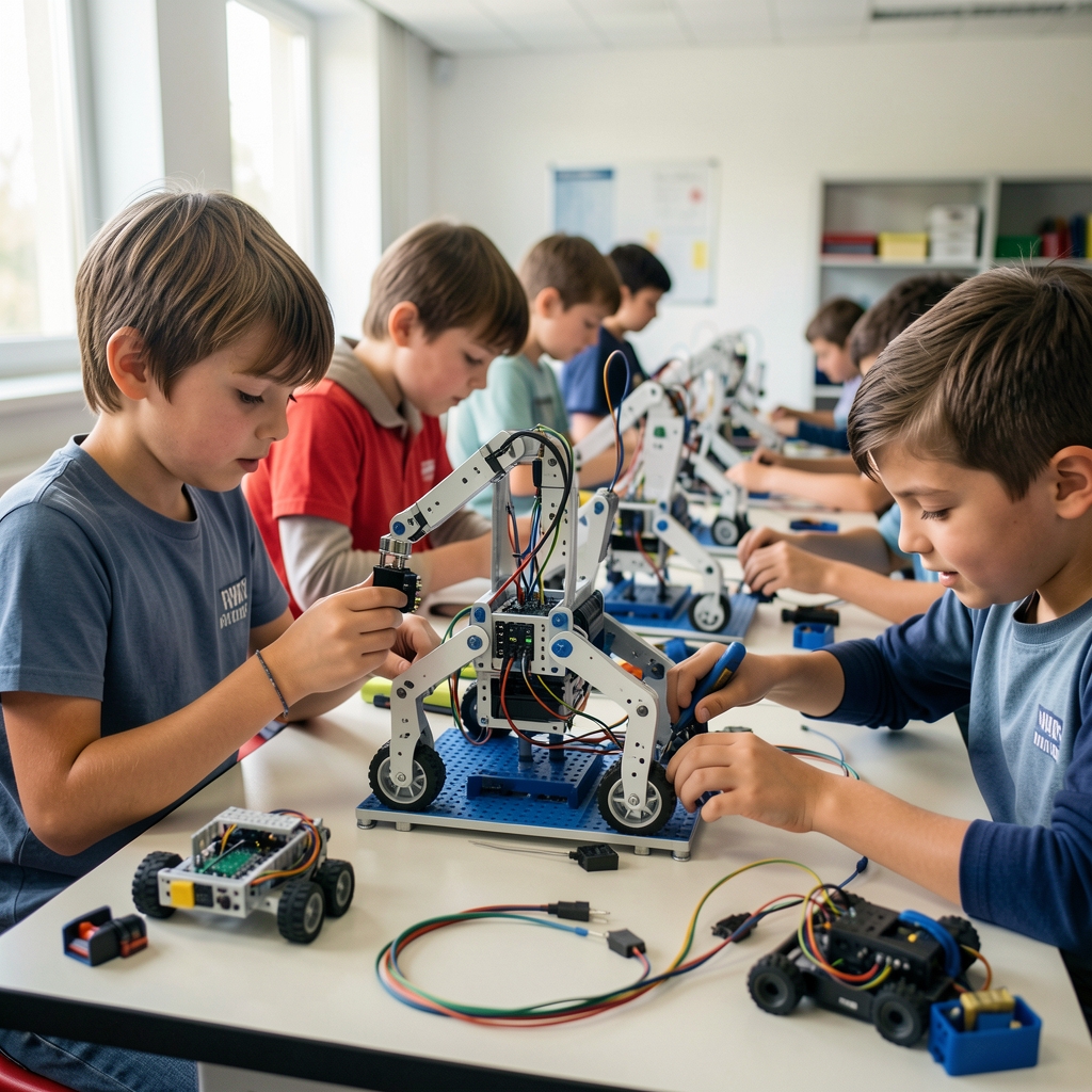 STEM eğitim setleri ile çalışan ilkokul çağı çocuklar, robot montajı yaparken konsantre bir şekilde çalışıyorlar