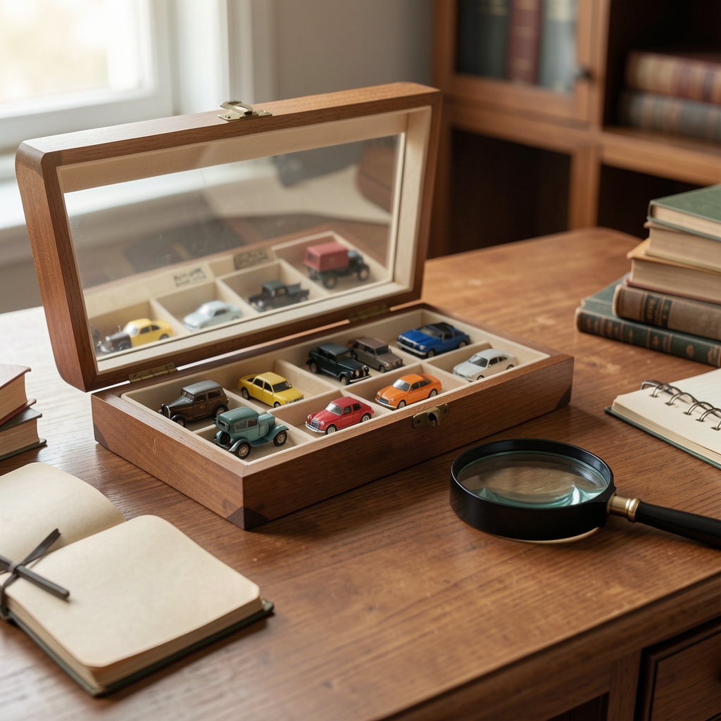 Yeni başlayan bir koleksiyonerin çalışma masası, minyatür araçlar, vitrin kutusu ve büyüteç ile düzenlenmiş