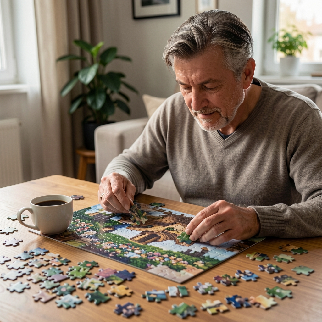 Kahve fincanı ve dağınık puzzle parçaları arasında yetişkin kişi 2000 parçalık puzzle çözüyor, rahat ev ortamı