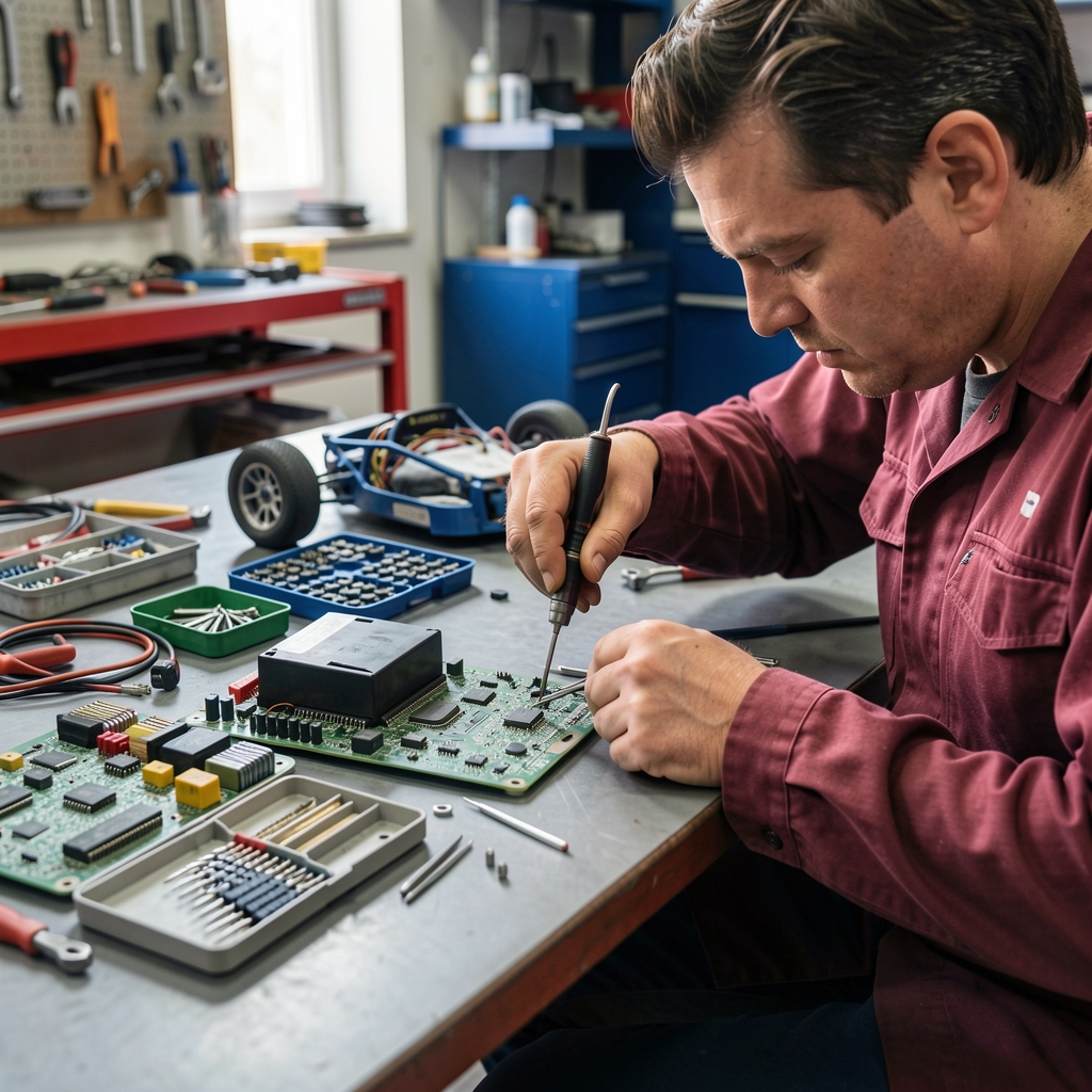 RC araba bakım ve onarım çalışması, elektronik devreler ve vida seti ile masa üzerinde teknik çalışma