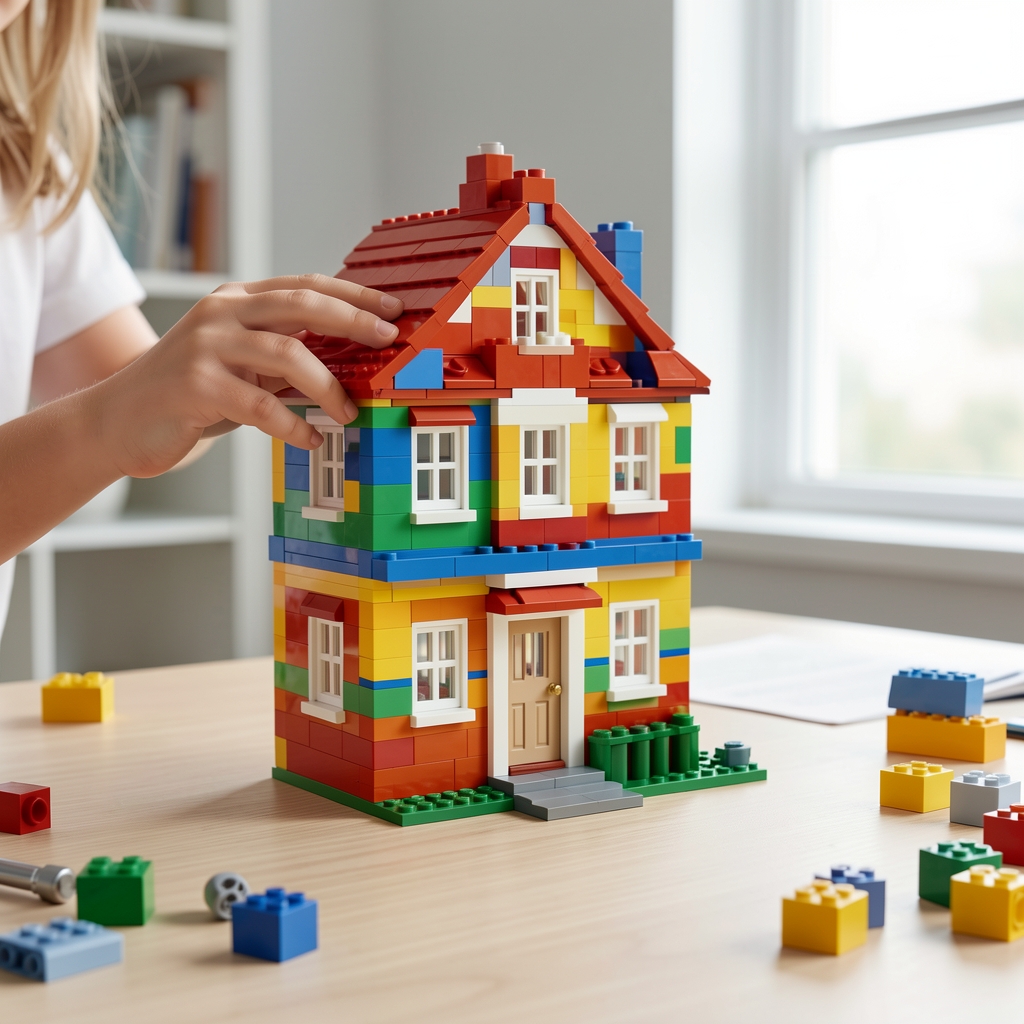 Renkli LEGO uyumlu büyük yapı bloğu seti, 200 parça klasik tuğla, çocuğun elinde inşa ettiği renkli ev modeli
