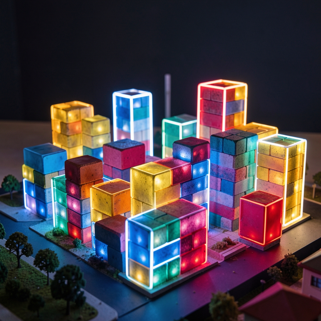 LED aydınlatmalı neon bloklar, gece parlayan renkli yapı taşları ile inşa edilen şehir modeli
