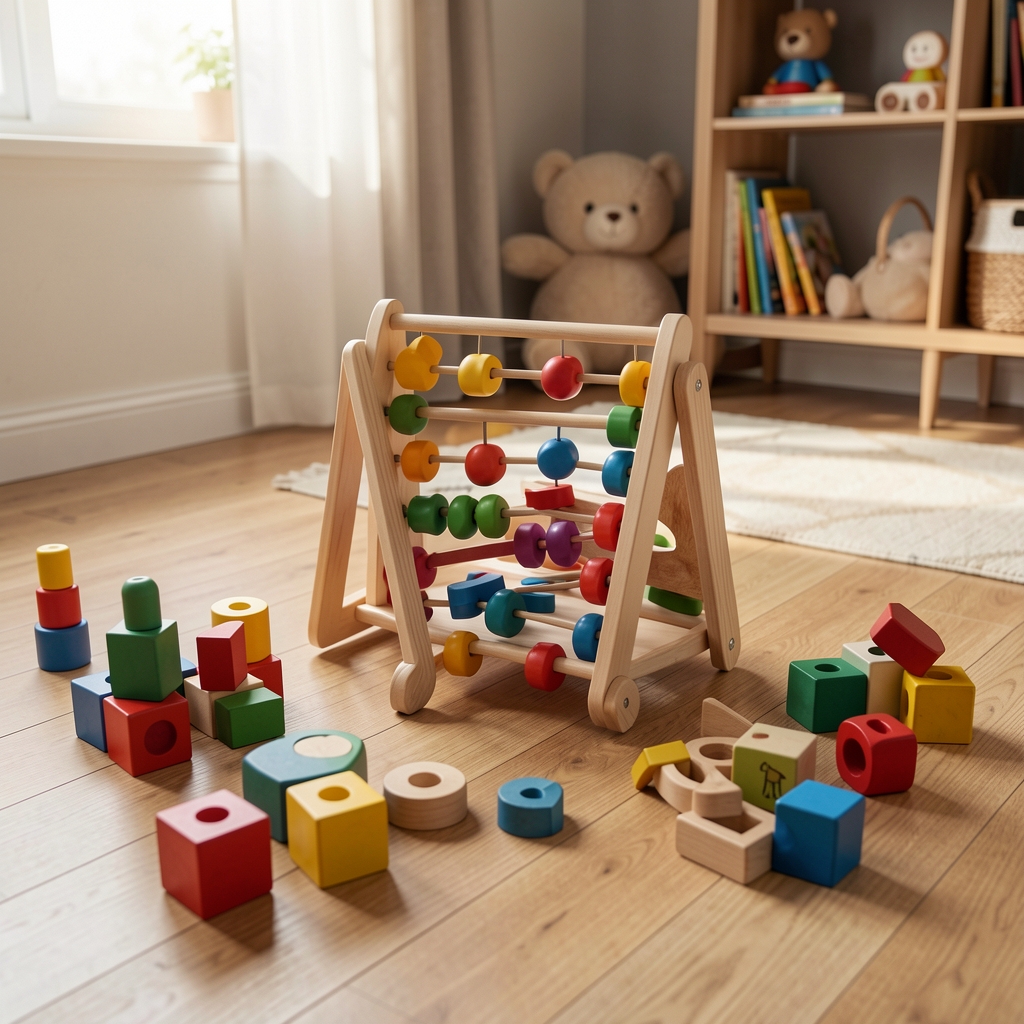 Renkli eğitici oyuncaklar, ahşap şekil sorter ve montessori materyalleri çocuk odası ahşap zemininde