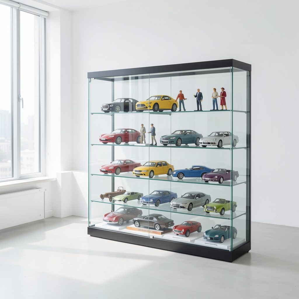 Koleksiyon figürleri, diecast arabalar ve nadir oyuncak koleksiyonu cam vitrin içinde