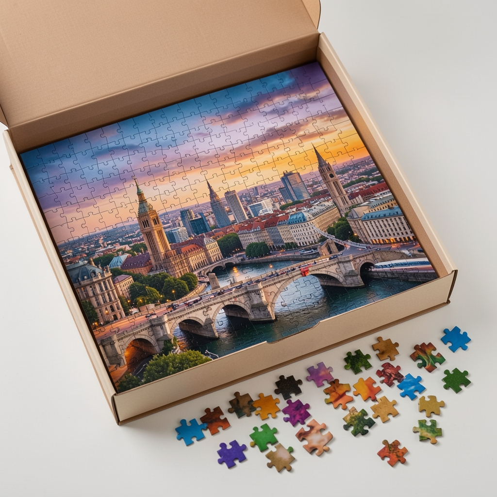 Renkli puzzle parçaları, 1000 parçalı şehir manzarası puzzle açık kutusundan dağılmış