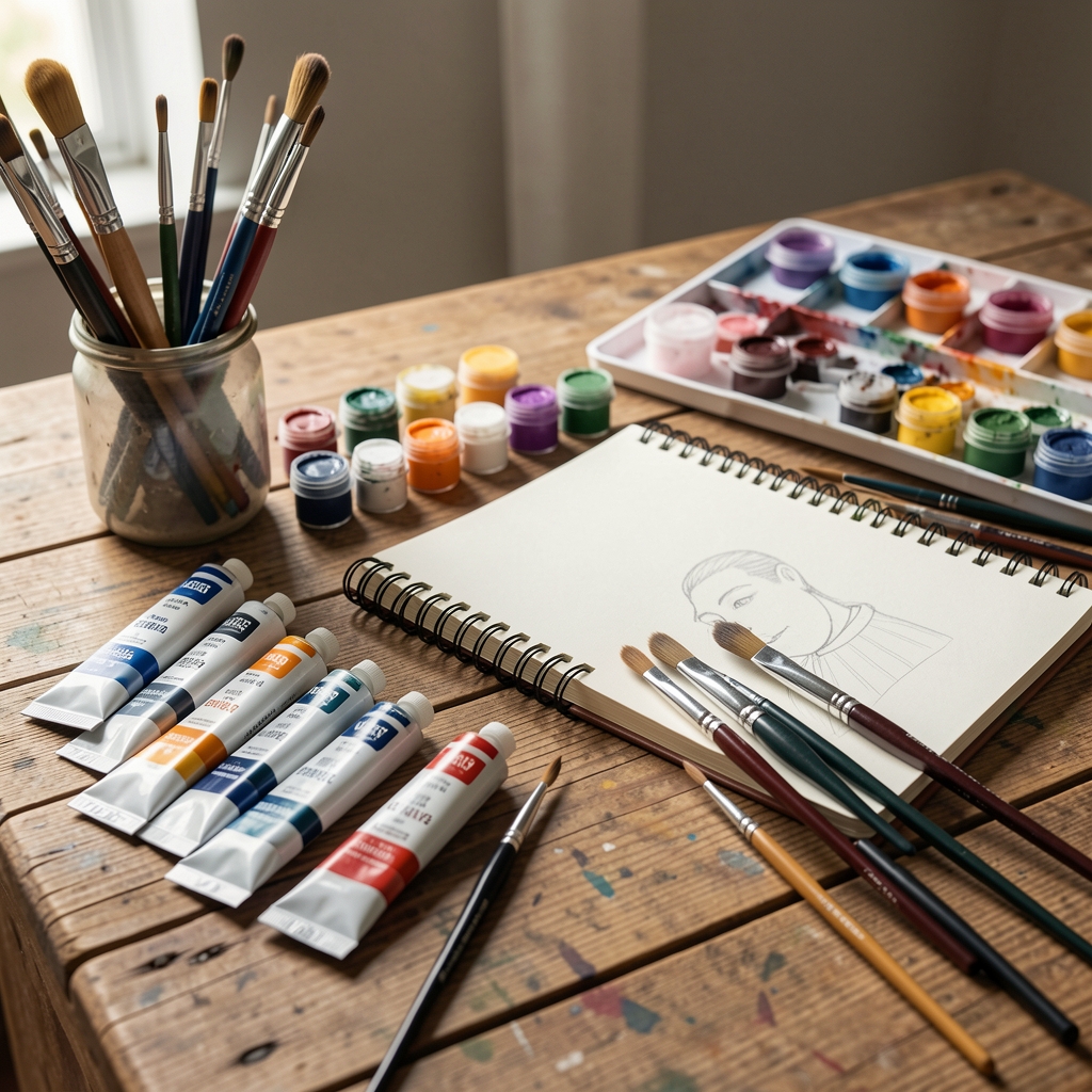 Sanat ve hobi malzemeleri, boya tüpleri, fırçalar ve sketchbook ahşap sanat masasında