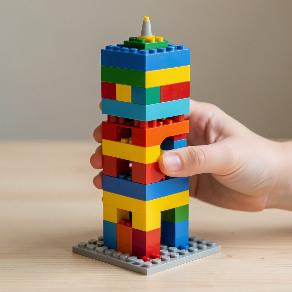 Renkli LEGO uyumlu yapı blokları, çocuk eliyle inşa edilen renkli kule modeli