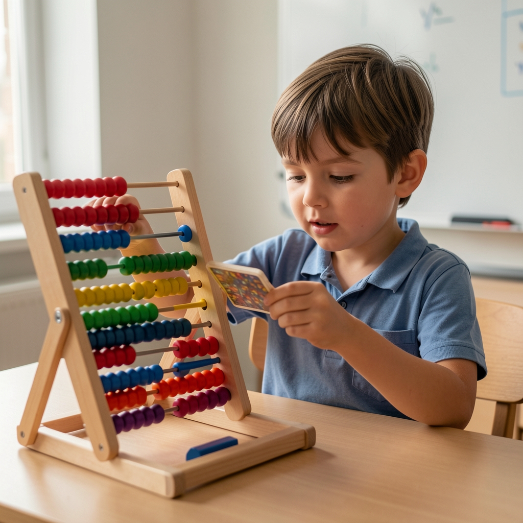 Ahşap sayı çubuklarıyla matematik öğrenen çocuk, renkli boncuklu abaküs eğitici oyuncak
