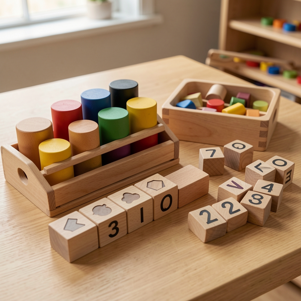 Montessori ahşap oyuncak seti: renk sıralama silindirleri, şekil eşleştirme kutusu ve sayı blokları doğal ahşap tonda
