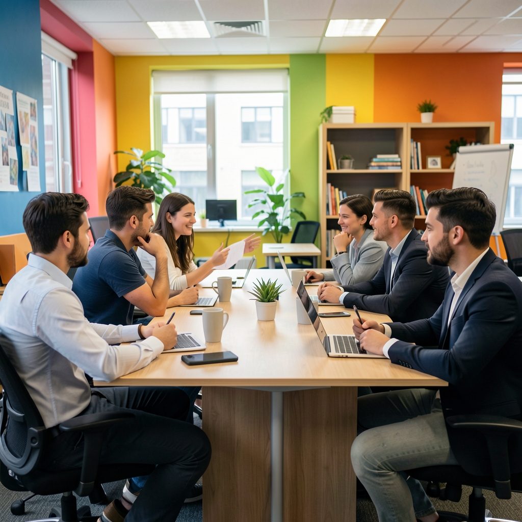Hobbylix ofisinde çalışan genç ve dinamik ekip, renkli ofis ortamında toplantı yapıyor