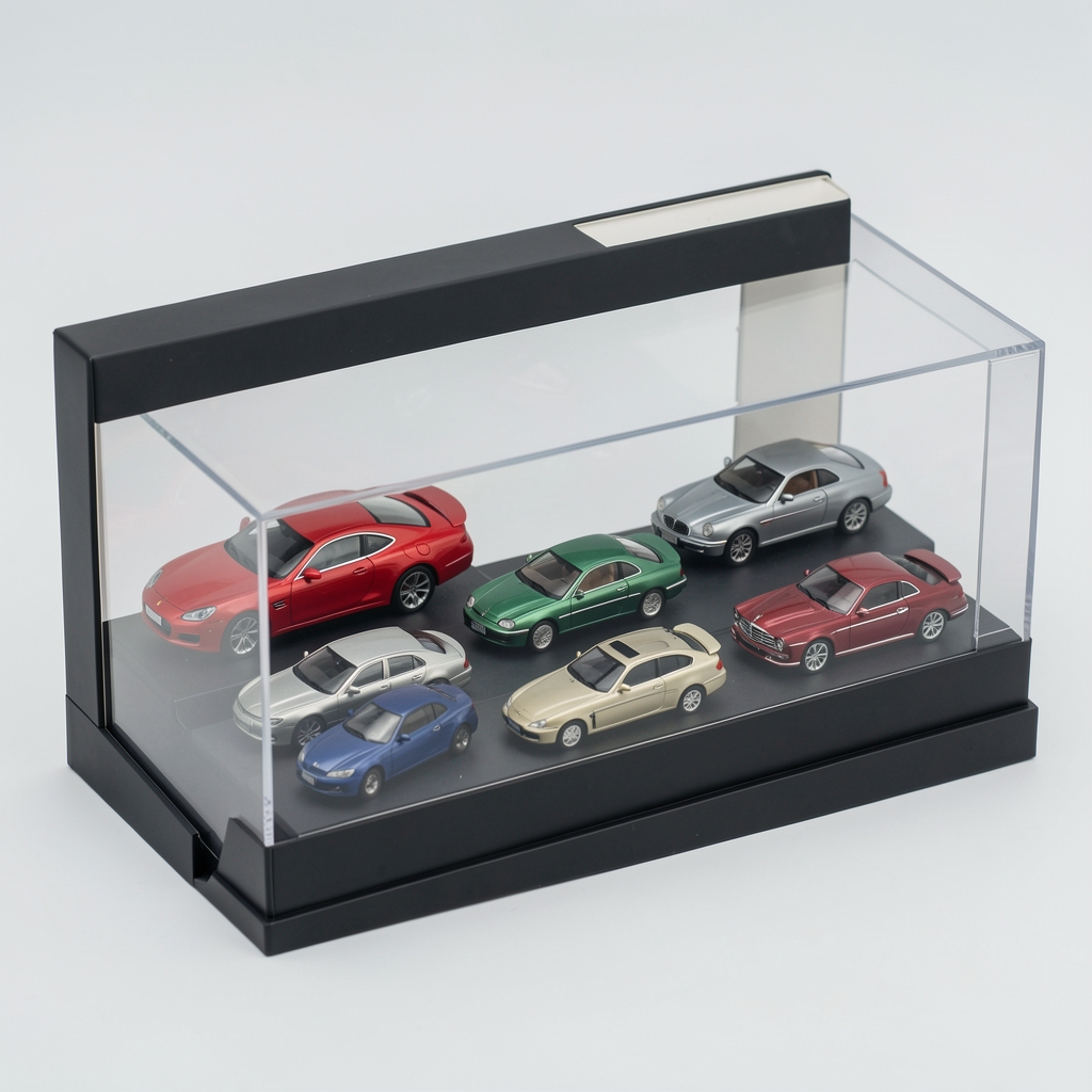 Diecast metal minyatür araba koleksiyon seti, 5 parça farklı model ve renk, vitrin kutusunda sergilenmiş