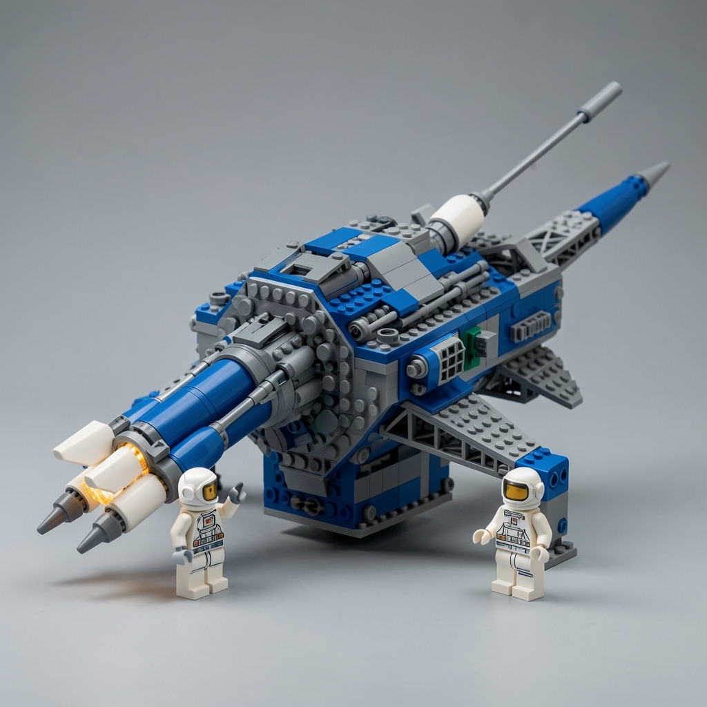 485 parçalı uzay üssü LEGO uyumlu yapım seti, mavi-gri renk teması, roket ve astronot figürleri ile