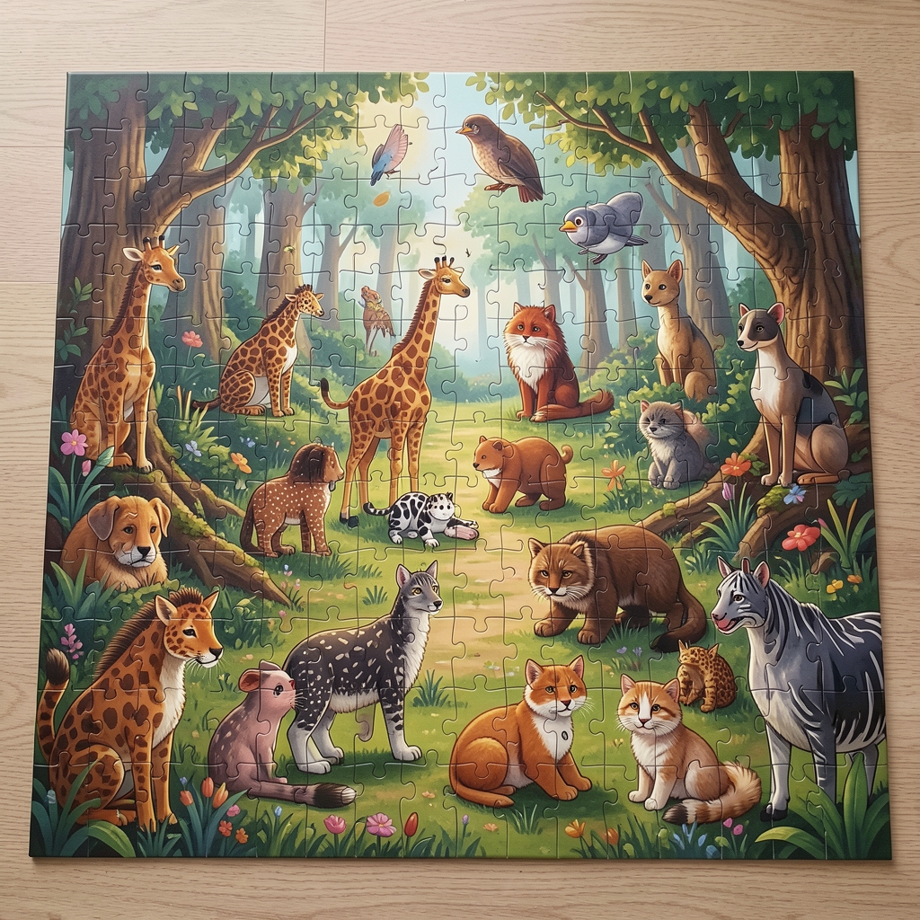48 parçalı büyük parçalı çocuk puzzle, renkli orman hayvanları temalı, zemine yayılmış tamamlanmış hali