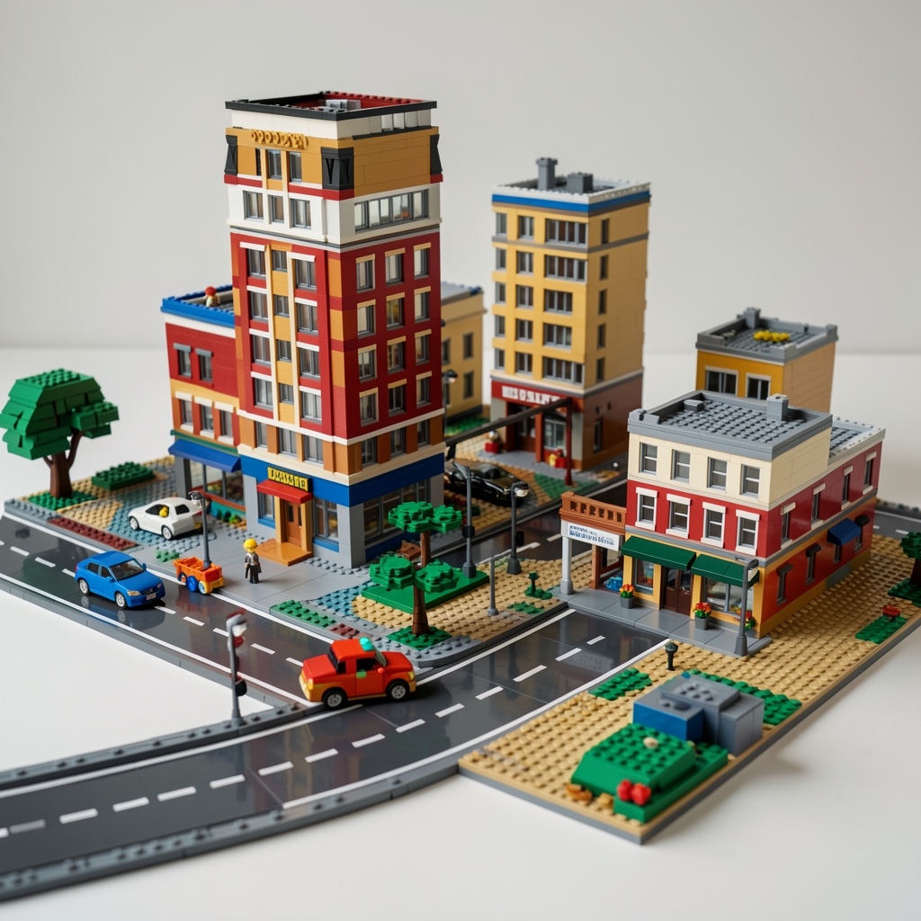 LEGO City şehir yapım seti 485 parça, mavi-sarı kutusu açık, tüm parçalar görünür halde