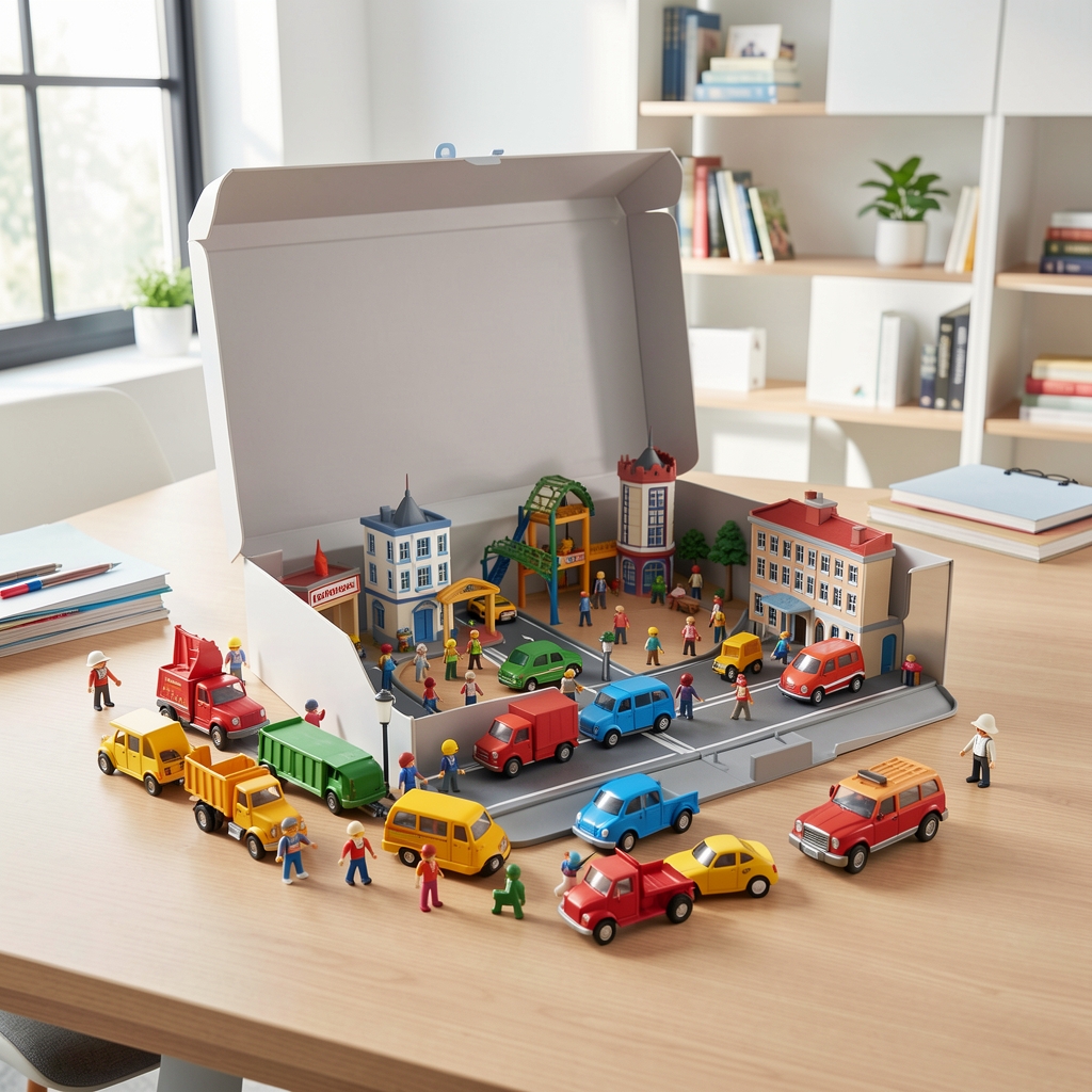 Playmobil şehir hayatı yapım seti, araçlar ve figürlerle birlikte, açık kutu halinde masaya yayılmış