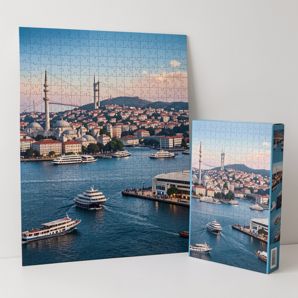 1000 parçalı İstanbul Boğazı fotoğraf puzzle, tamamlanmış puzzle örneği ve kutusu yanında