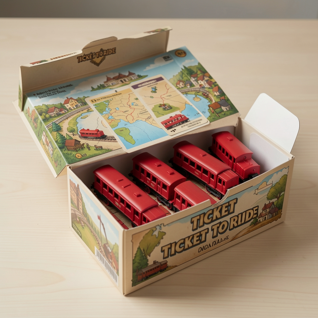 Ticket to Ride masa oyunu kutusundan çıkan tren vagonları ve harita kartları, kırmızı plastik trenler