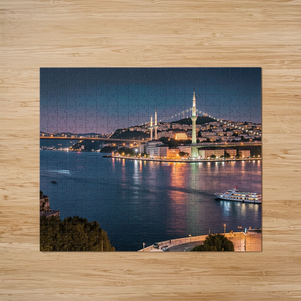 Ravensburger 1000 parçalı İstanbul Boğazı gece manzarası puzzle, tamamlanmış hali ahşap zemin üzerinde