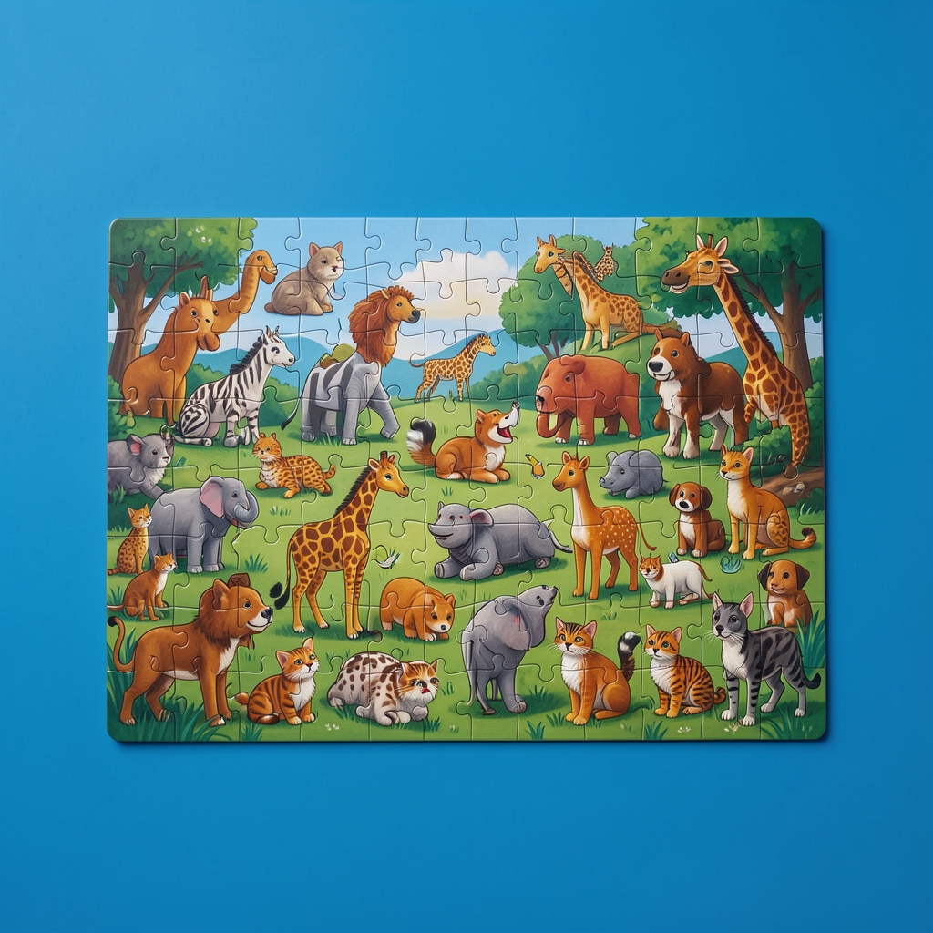 Castorland 260 parçalı renkli hayvanlar çocuk puzzle, tamamlanmış hali mavi zemin üzerinde