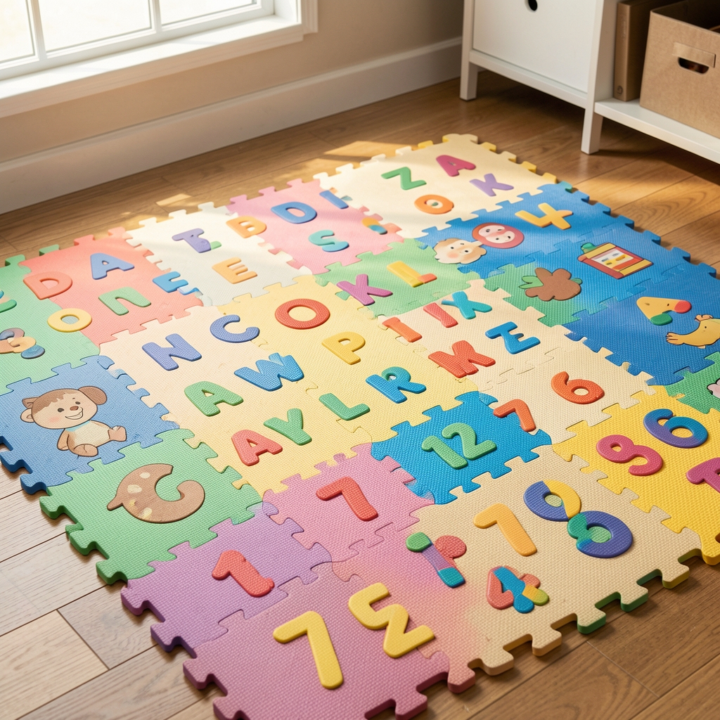 Foam zemin çocuk puzzle matı, renkli alfabeli harfler ve sayılar, 36 parça bölümlü oyun alanı matı
