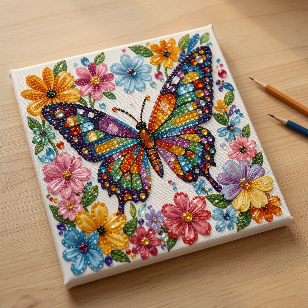 Diamond painting kiti, renkli taşlar ve canvas üzerinde kelebek çiçek deseni, başlangıç seti kutu ile