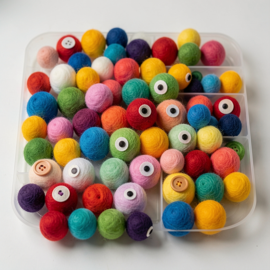 Çocuk el işi seti felted wool pom pom craft kit, renk renk yün topları ve göz düğmeleri ile figür yapma seti