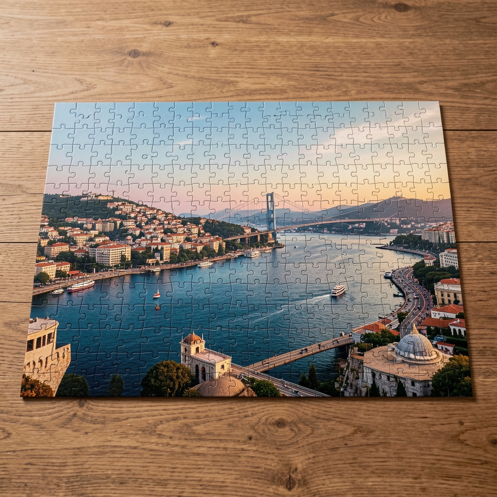 İstanbul Boğazı manzaralı 1000 parçalık puzzle, yarı tamamlanmış haliyle ahşap masa üzerinde